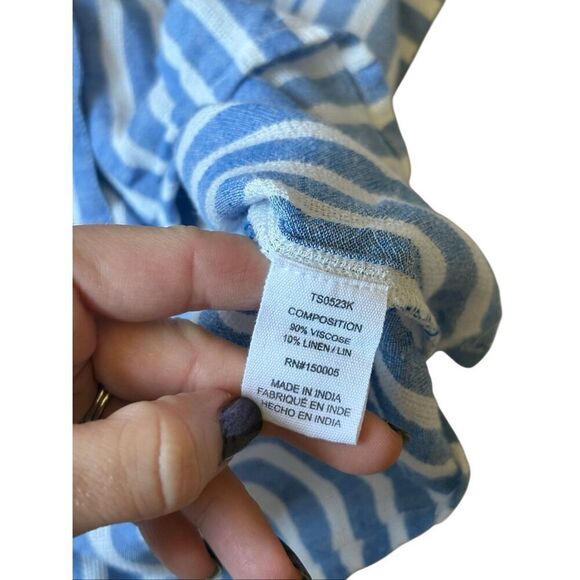 Evereve Libby Stripe Resort Linen Blend Shirt Top size XS Striped White Blue - Picture 7 of 7